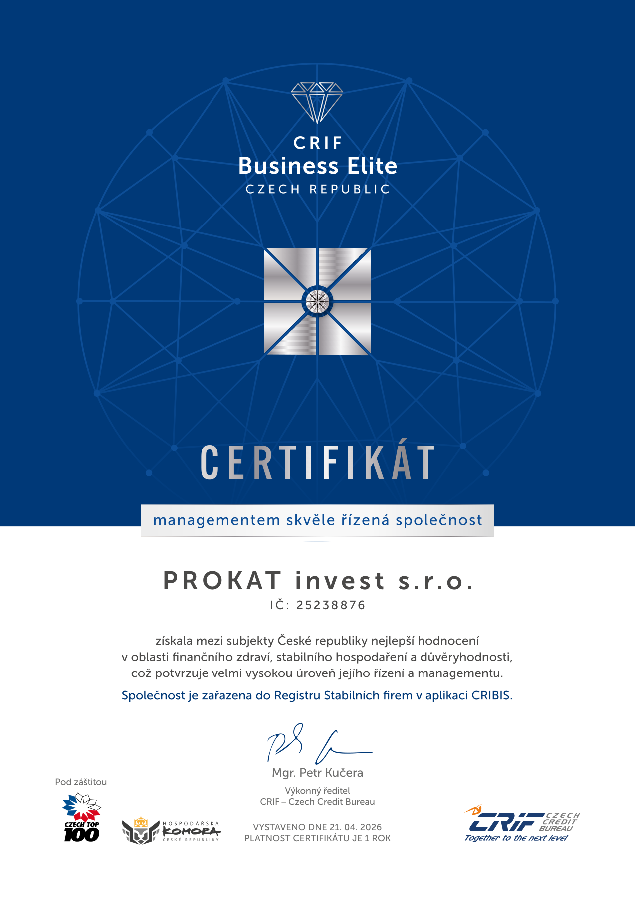 CRIF Business Elite 2026 — Certifikát PROKAT invest s.r.o.